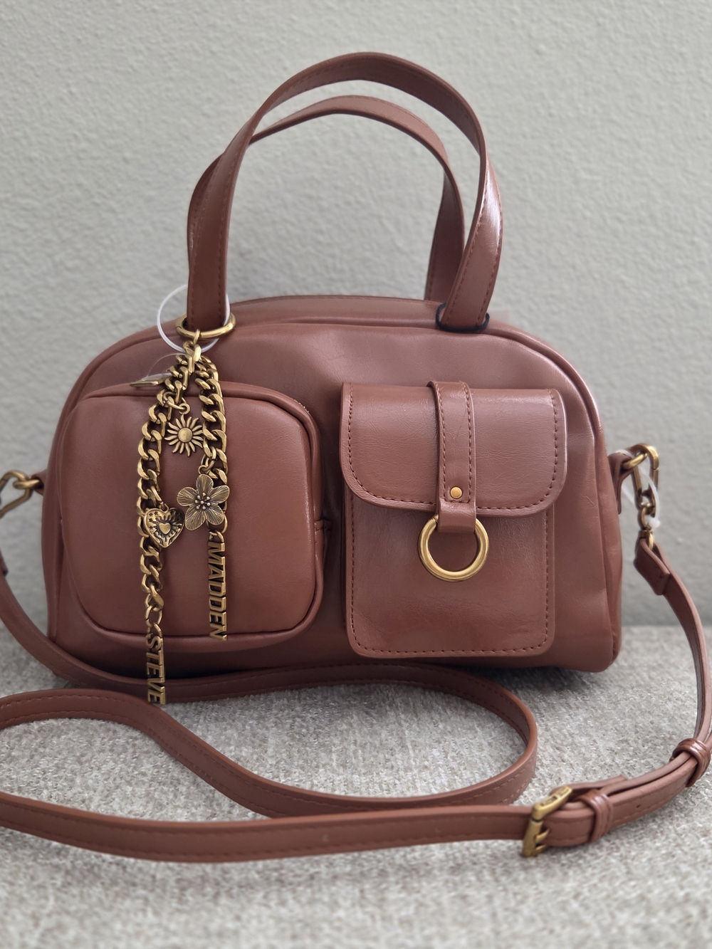 Steve Madden Cooper Brown Crossbody Satchel with Gold Charm